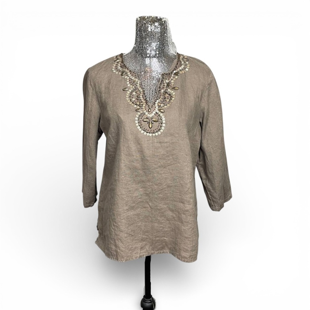 JM Collection Linen Embroidered Tunic Top  Petite 14P‎ Neutral Brown 3/4 Sleeve